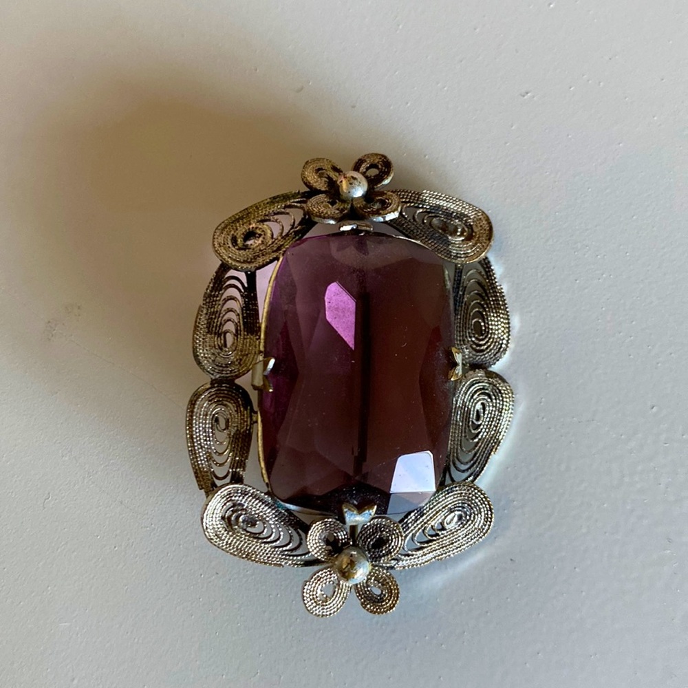 Lucite and metal filigree vintage brooch